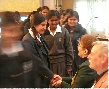 District Governor Marlene Brown, Rotary District 7150, presenting to two hundred Interact students at St. Hilda's private school in Ooty, India, accompanied by Rtn. Dr. Siva