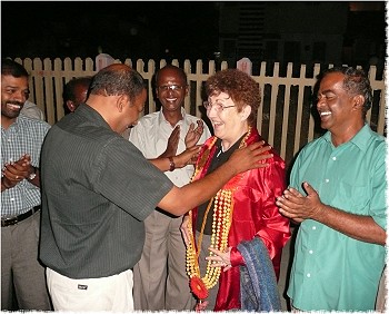 DG Marlene greeted in Tirupur, India by Thamby, Maddy, Rtn. Chidambaram, Rtn. Mani, Rtn. Subramaniam, and the Tirupur North Rotary Club